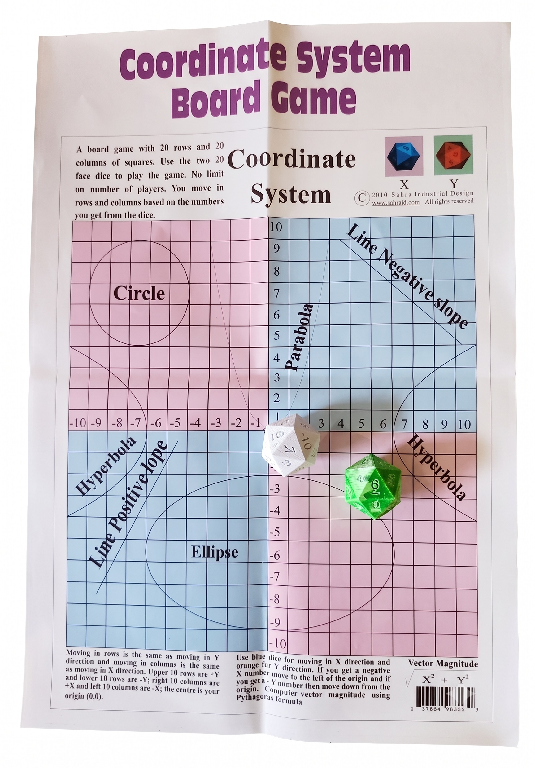 Coordinate System Board Game with 20-face dice and geometric curves