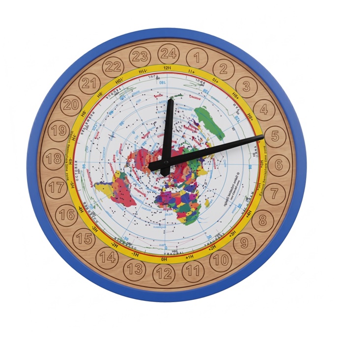 24-Hour Clock Planisphere featuring stereographic Earth map, constellation overlay, and 24-hour chapter ring[cite: 9]